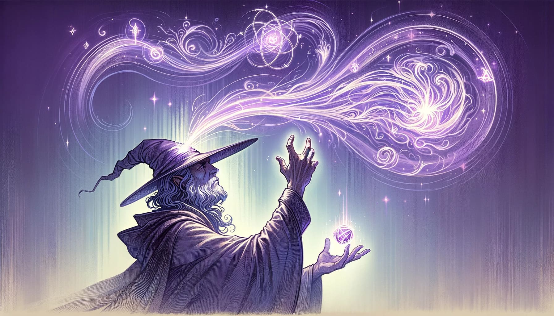 A wizard in the midst of casting the Mind Sliver spell. The wizard, with clear features and a focused expression, is depicted in a casting pose. A stream of mystical purple energy, representing the psychic power of Mind Sliver, emanates from the wizard's head, swirling around them. The background blends subtle magical symbols with a gradient of purple shades, creating a mystical ambiance.